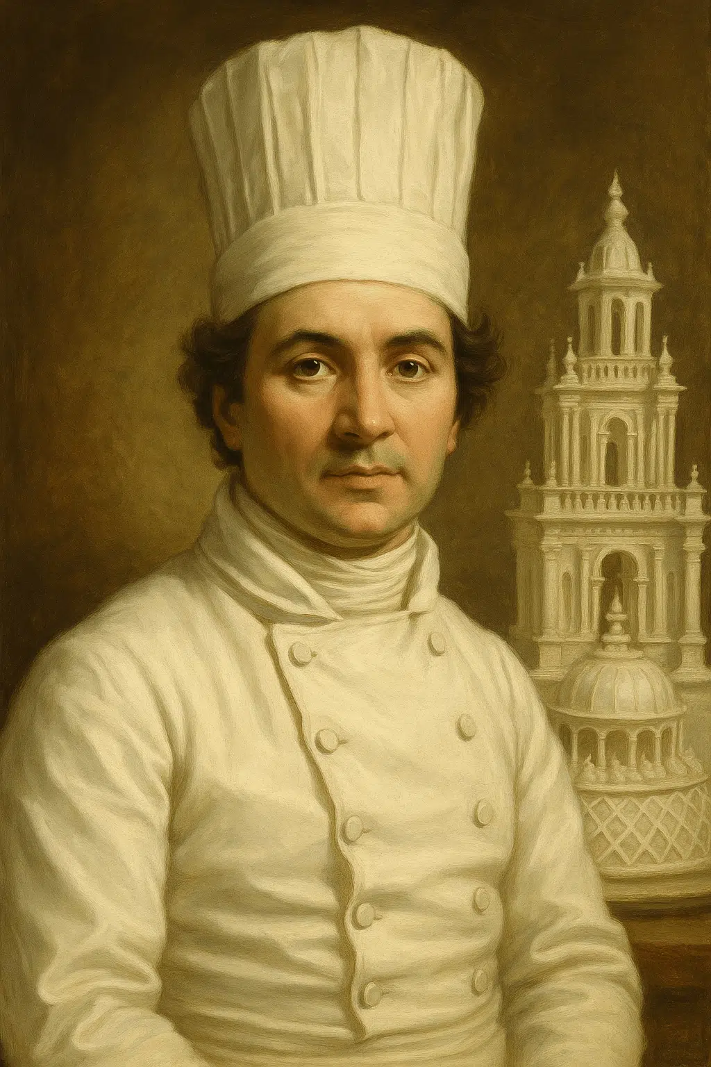 Portrait de Marie-Antoine Carême, célèbre chef cuisinier et pâtissier français, vêtu d'une toque et d'une veste blanche, avec une pièce montée architecturale en arrière-plan