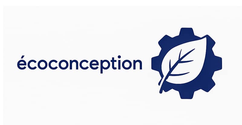 Visuel d’écoconception avec une feuille intégrée dans un engrenage bleu, symbolisant la fabrication durable et responsable.