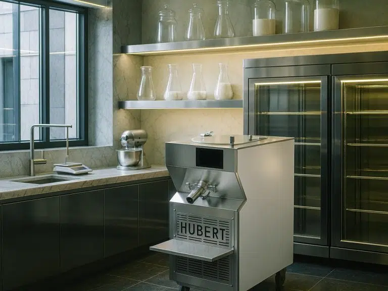 Pastocuiseur 60 litres dans un laboratoire de pâtisserie moderne avec plan de travail en marbre et matériel professionnel.