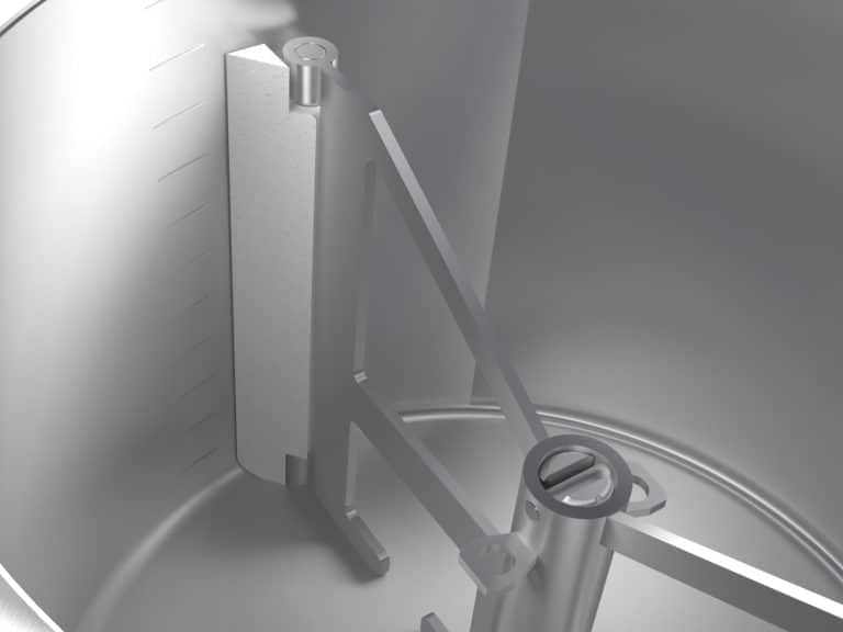 Intérieur de cuve 60 L d’un pastocuiseur Hubert Cloix avec système de spatulation PTFE et bride pour panier d’infusion.