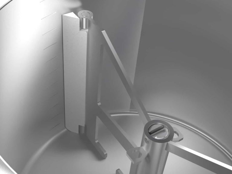 Intérieur de cuve 60 L d’un refroidisseur mélangeur Hubert Cloix avec système de spatulation PTFE et bride pour panier d’infusion.