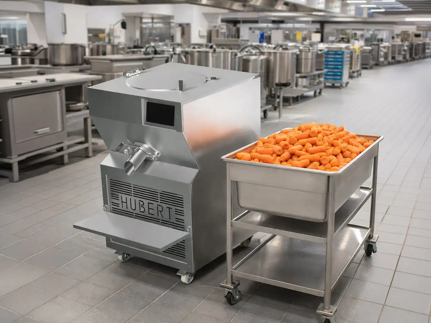 Vue d’ensemble d’un pastocuiseur grande cuisine en cuisine centrale avec chariot inox rempli de carottes